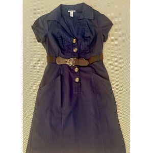 Navy Blue Midi Dress with Belt